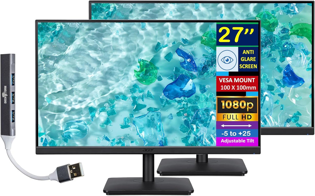acer Vero V7 V277 Gbmipx 27' FHD IPS Monitor w/ 4ms Response Time, Anti Glare, VESA Mount (100mm), VGA, HDMI & Black Color (UM.HV7AA.G07) 2 Pack with Dockztorm Hub & ErgoFlexy Dual Monitor Mount