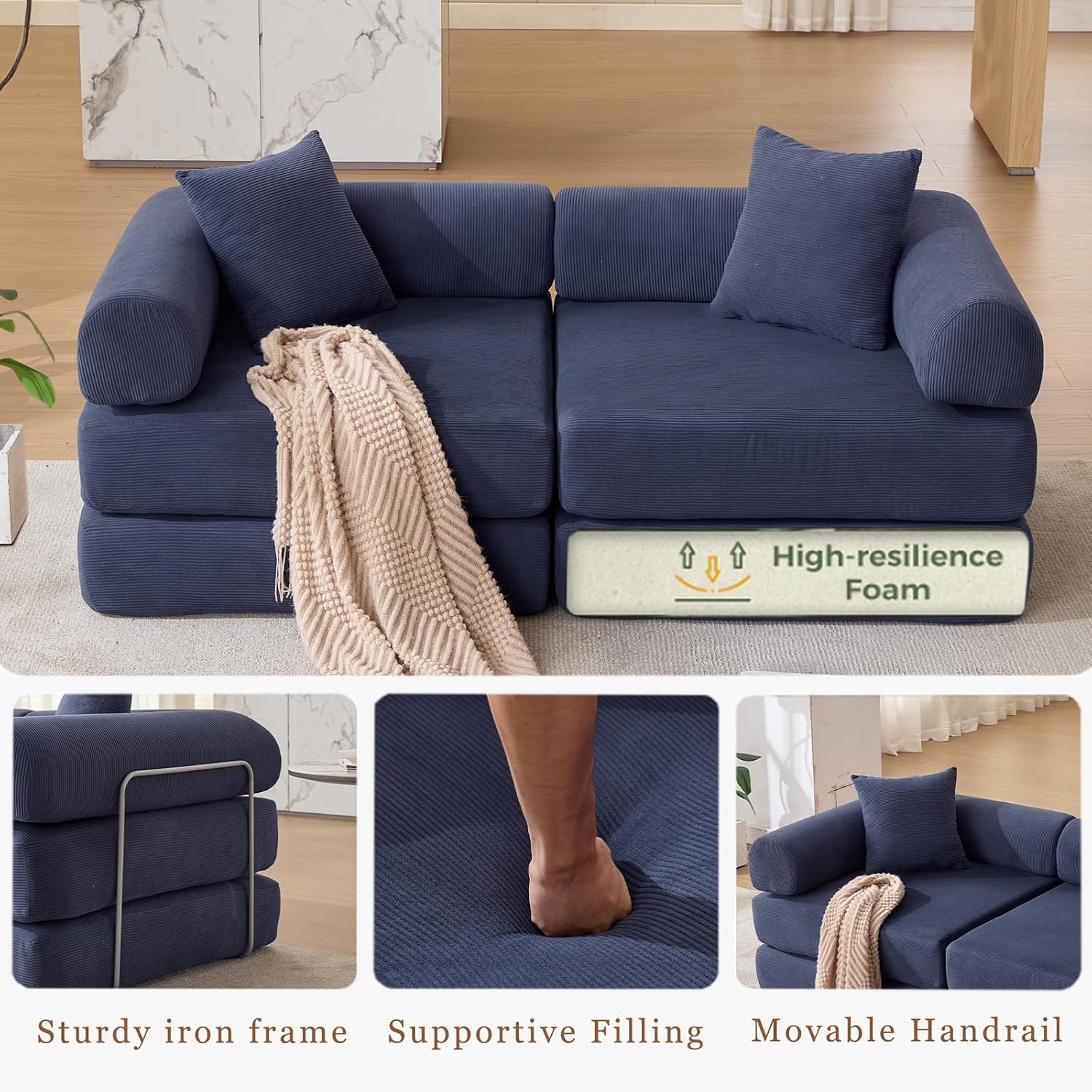 73' Convertible Modular Folding Sofa Bed, 5-in-1 DIY Combination Fold Out Sleeper Sofa Bed, Loveseat sleeper Couch with Removable Armrests, Corduroy Floor Couch, Small couches for small spaces, Blue