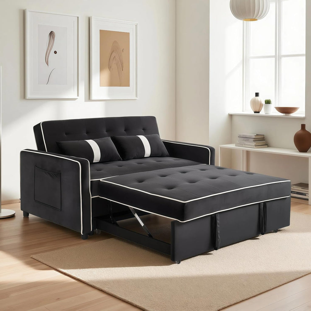 Loveseat Sleeper Sofa, 3 in 1 Convertible Sofa Bed, Adjustable Backrest Comfy Pull Out Couch, Modern Upholstered Sofa for Living Room Bedroom Apartment Small Space (Black 1)