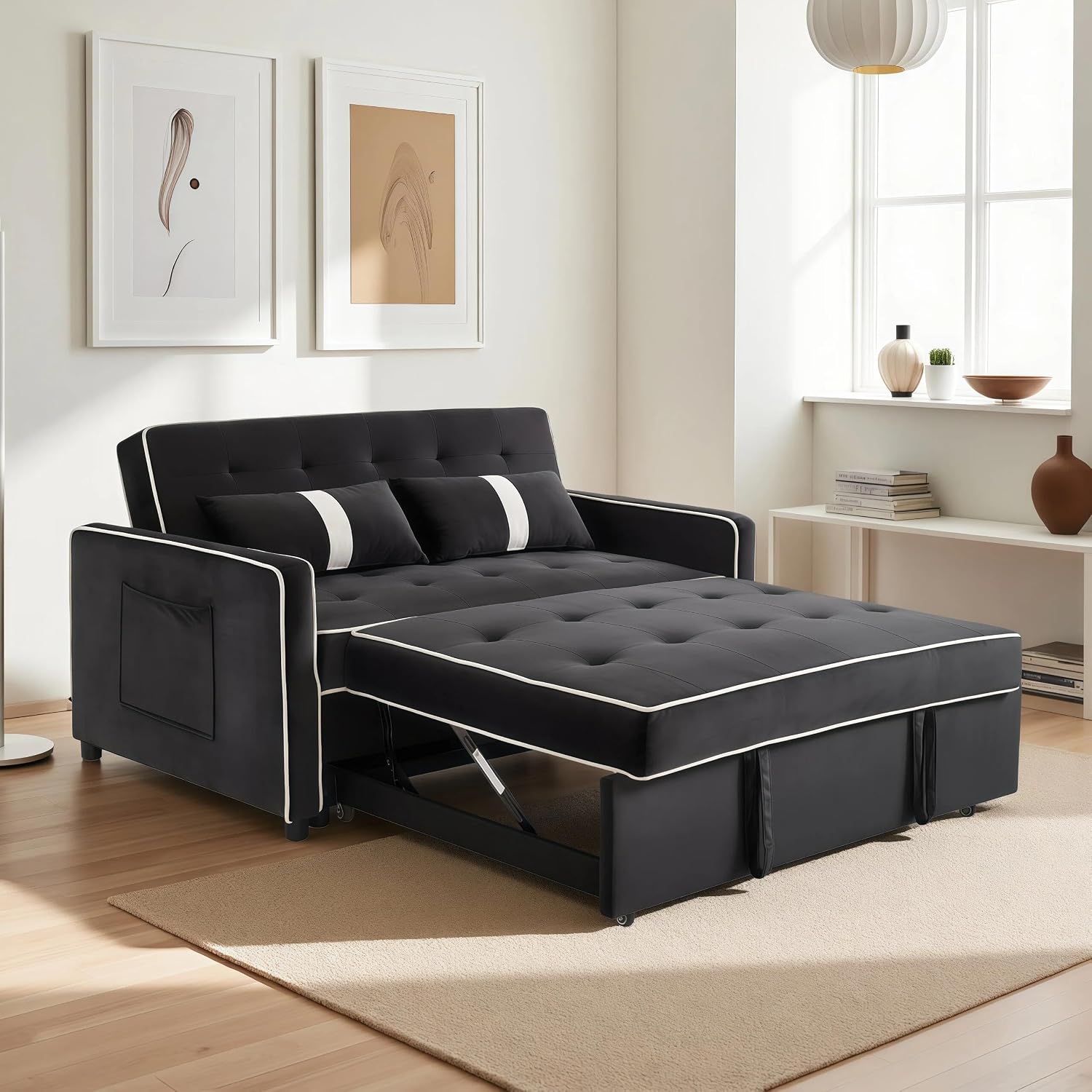 Loveseat Sleeper Sofa, 3 in 1 Convertible Sofa Bed, Adjustable Backrest Comfy Pull Out Couch, Modern Upholstered Sofa for Living Room Bedroom Apartment Small Space (Black 1)