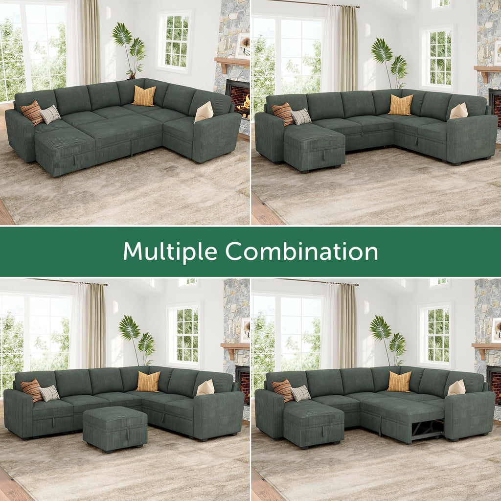 HONBAY Modular Sectional Sleeper Sofa with Pull Out Bed, Corduroy Couch with Storage Seats Ottoman, U Shaped Sectional Couches for Living Room, Green