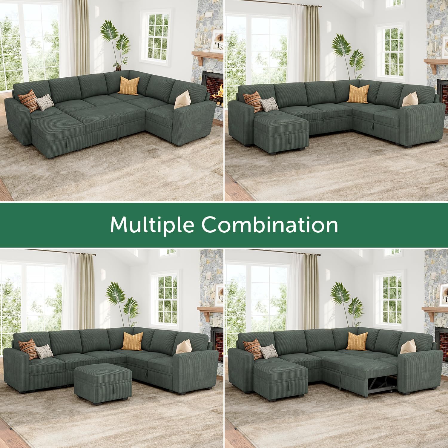 HONBAY Modular Sectional Sleeper Sofa with Pull Out Bed, Corduroy Couch with Storage Seats Ottoman, U Shaped Sectional Couches for Living Room, Green