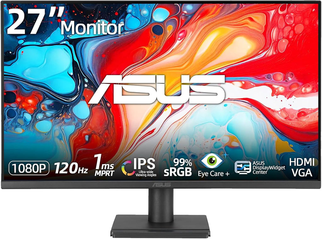 ASUS 27' FHD Monitor, 1080P IPS Display, 120Hz Refresh Rate, 1ms MPRT, Adaptive-Sync, Eye Care Technology, Frameless, HDMI VGA, VESA Mountable for Office and Gaming