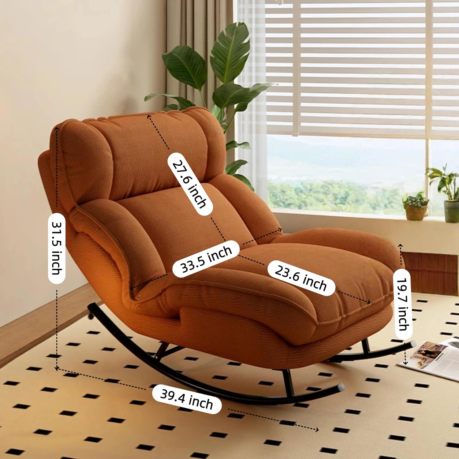 Sofa Rocking Chair Metal Frame with Adjustable Backrest Comfortable Decorative Chair Modern Ergonomic Sofa for Living Room Bedroom (Orange)