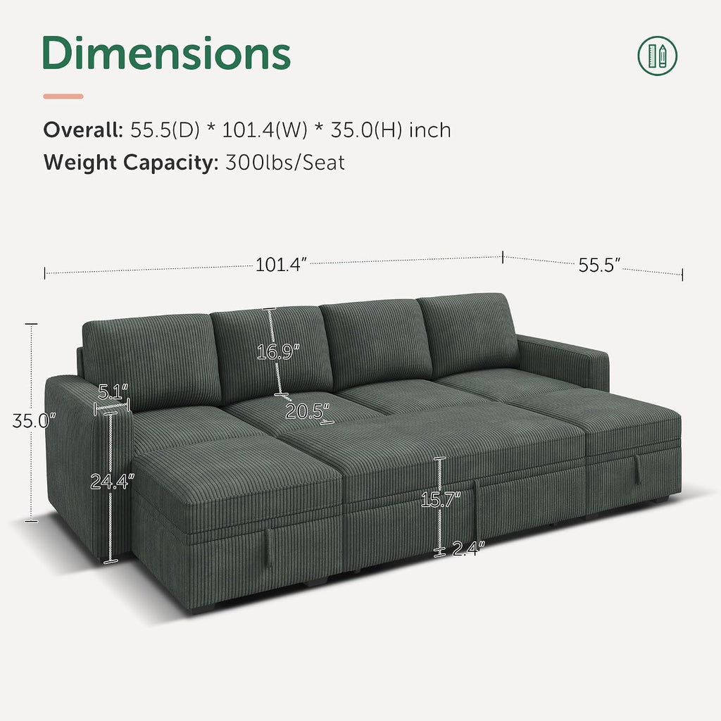 HONBAY Modular Sectional Sleeper Sofa Bed, Corduroy Pull Out Couch with Storage Ottoman, U Shaped Sectional Couches for Living Room, Green