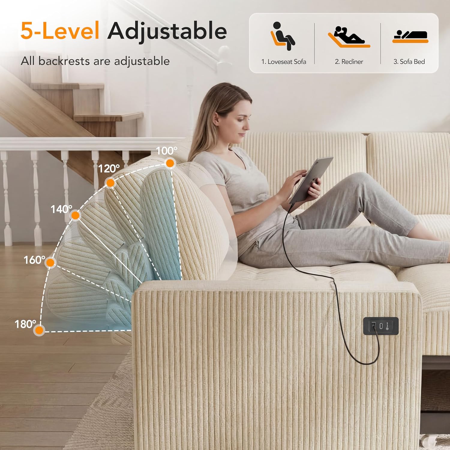 Vipbear Pull Out Sofa Bed Sectional Sleeper Sofa with Reclining Backrest & Storage, Plush Pullout Modular Sectional Couches with USB Charging, L Shaped Convertible Couch Bed for Apartment, Beige | Breathable material, Tool-Free Assembly