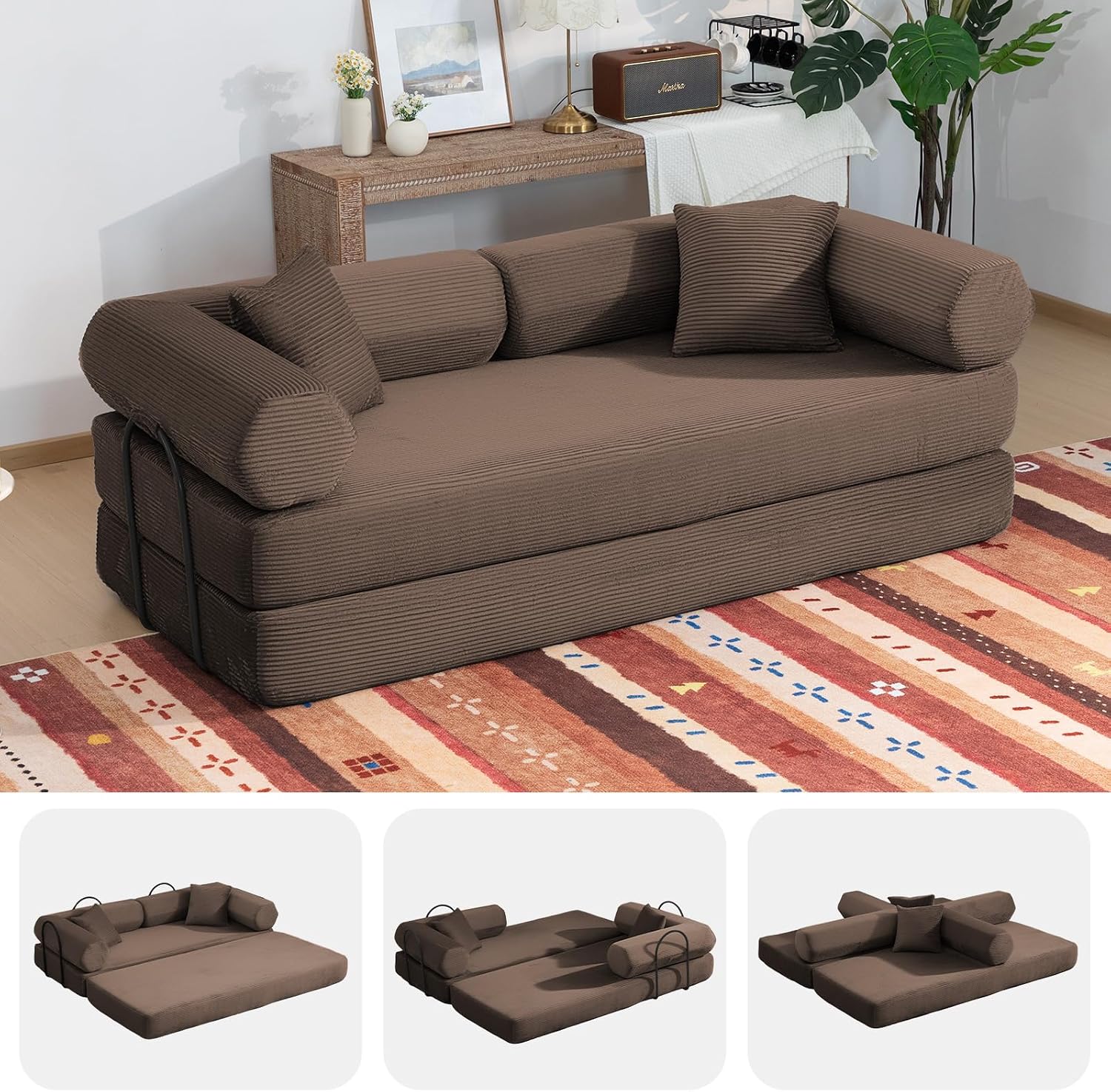 79' Boneless Couches for Living Room, Corduroy Sofa Bed with 2 Pillows,Side Pockets,Hex Arm, 5-in-1 Loveseat Sleeper Sofa for Small Spaces, High-Density Foam Couch, No Assembly, Brown