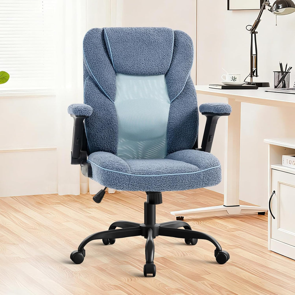 SEATZONE Home Office Desk Chairs with Wheels and Armrests,Office Chair Comfortable Ergonomic Mesh with Teddy Fleece Fabric Executive Computer Chairs for Adults and Teens,Blue