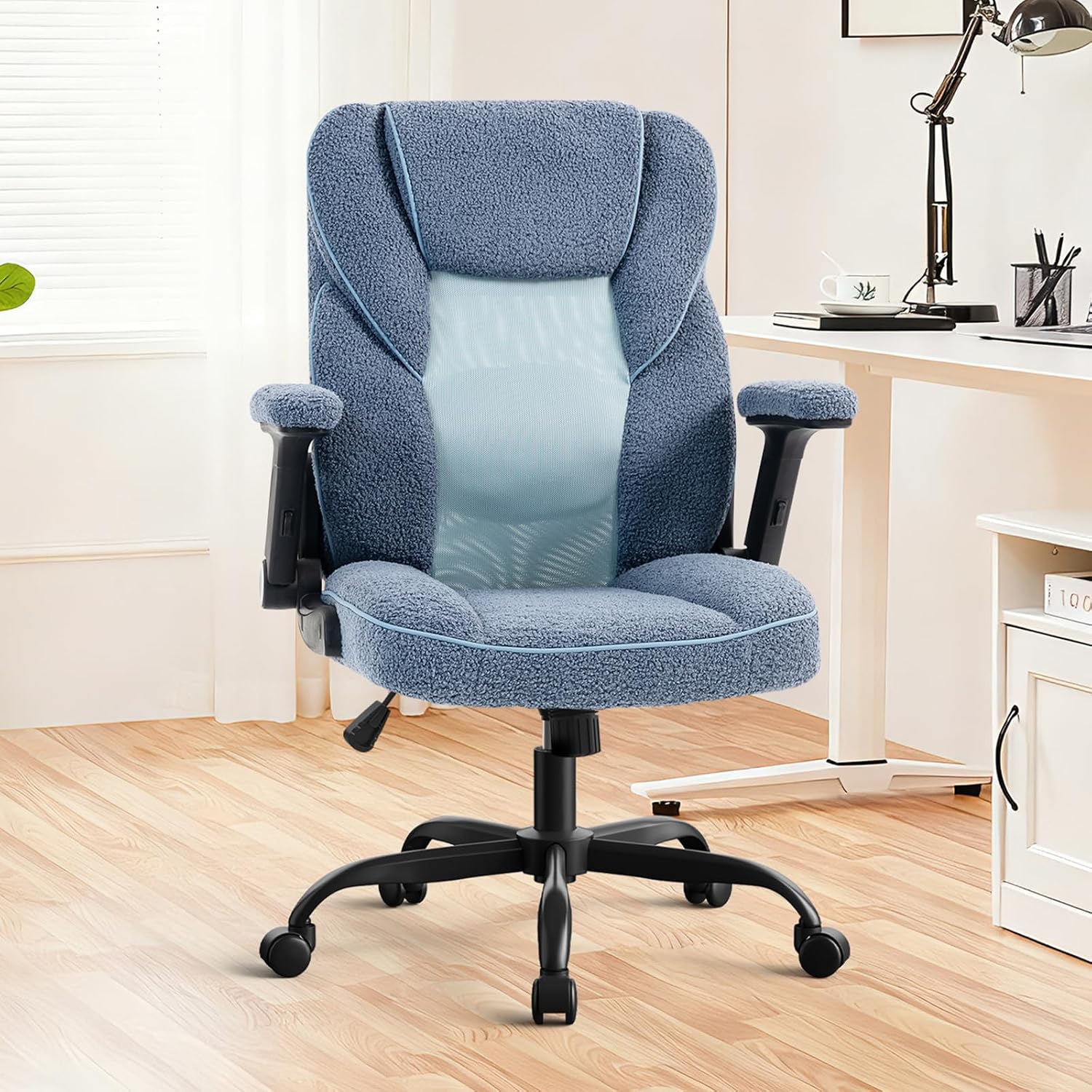 SEATZONE Home Office Desk Chairs with Wheels and Armrests,Office Chair Comfortable Ergonomic Mesh with Teddy Fleece Fabric Executive Computer Chairs for Adults and Teens,Blue