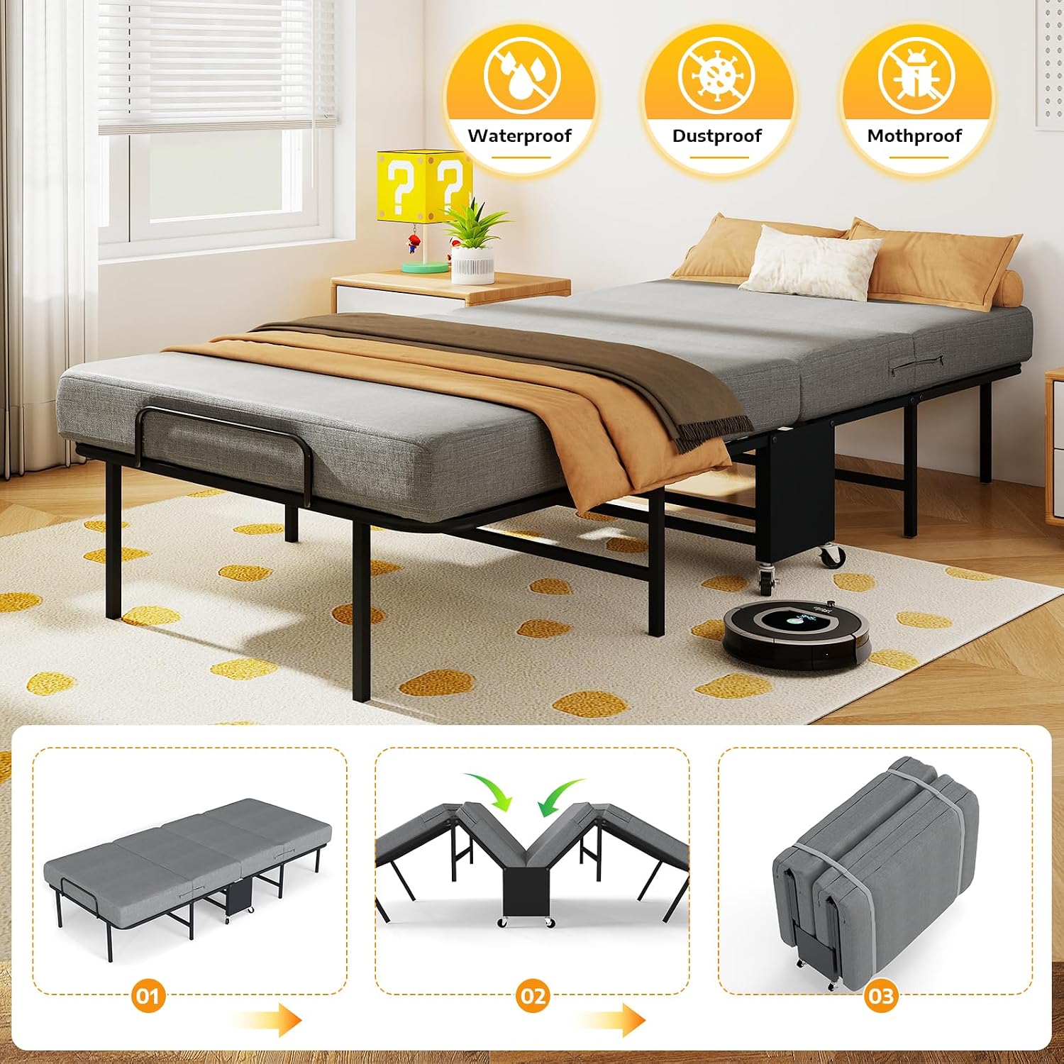 SADENICEL Folding Bed with Mattress for Adults, Twin Size, Portable Foldable Roll Away Bed on Wheels, Memory Foam Mattress and Super Strong Frame, Space Saving Fold Up for Easy Storage, 75' x 38'