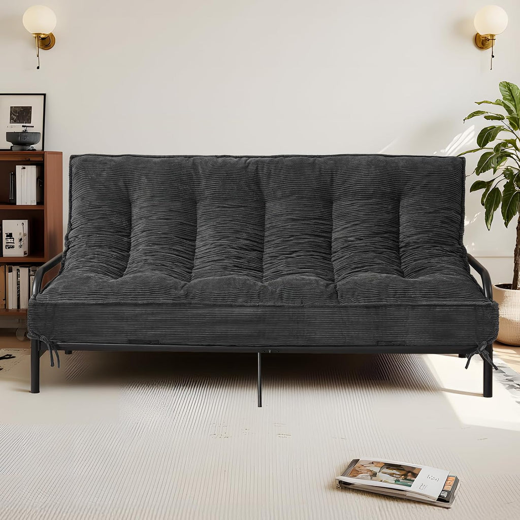 8 Inch Futon Mattress Full Size, Futon Floor Sofa Bed Foldable with Soft Corduroy Fabric - High Resilience Foam Filling - 2 Storage Straps for Home, Guest Room, Dorm, Grey (Frame Not Included)