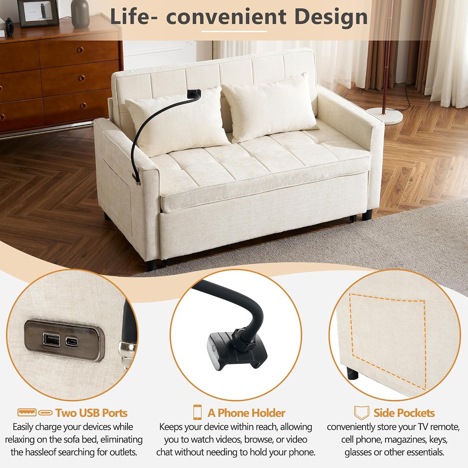 Merax Pull-Out Sleeper Sofa Bed with Reversible Backrest and Two Throw Pillows, 3 in 1 Foton Couch with USB Ports & Phone Holder, Chenille Loveseat for Living Room, Beige