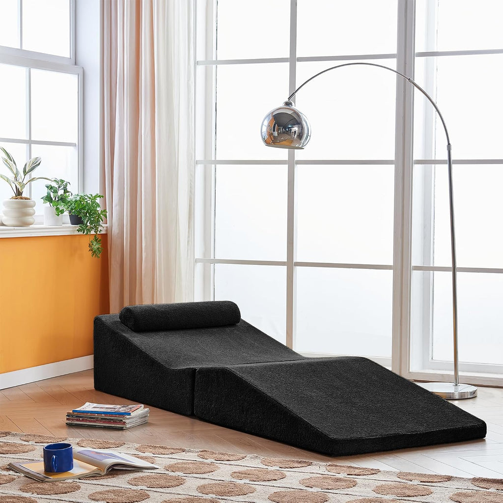 GDFStudio Rue Velvet Foldable Sofa Bed, Convertible Sleeper Chair with Pillow, Foldable Mattress with Back Support, Portable Lounge Sofa for Living Room/Bedroom, No Assembly Needed, Black