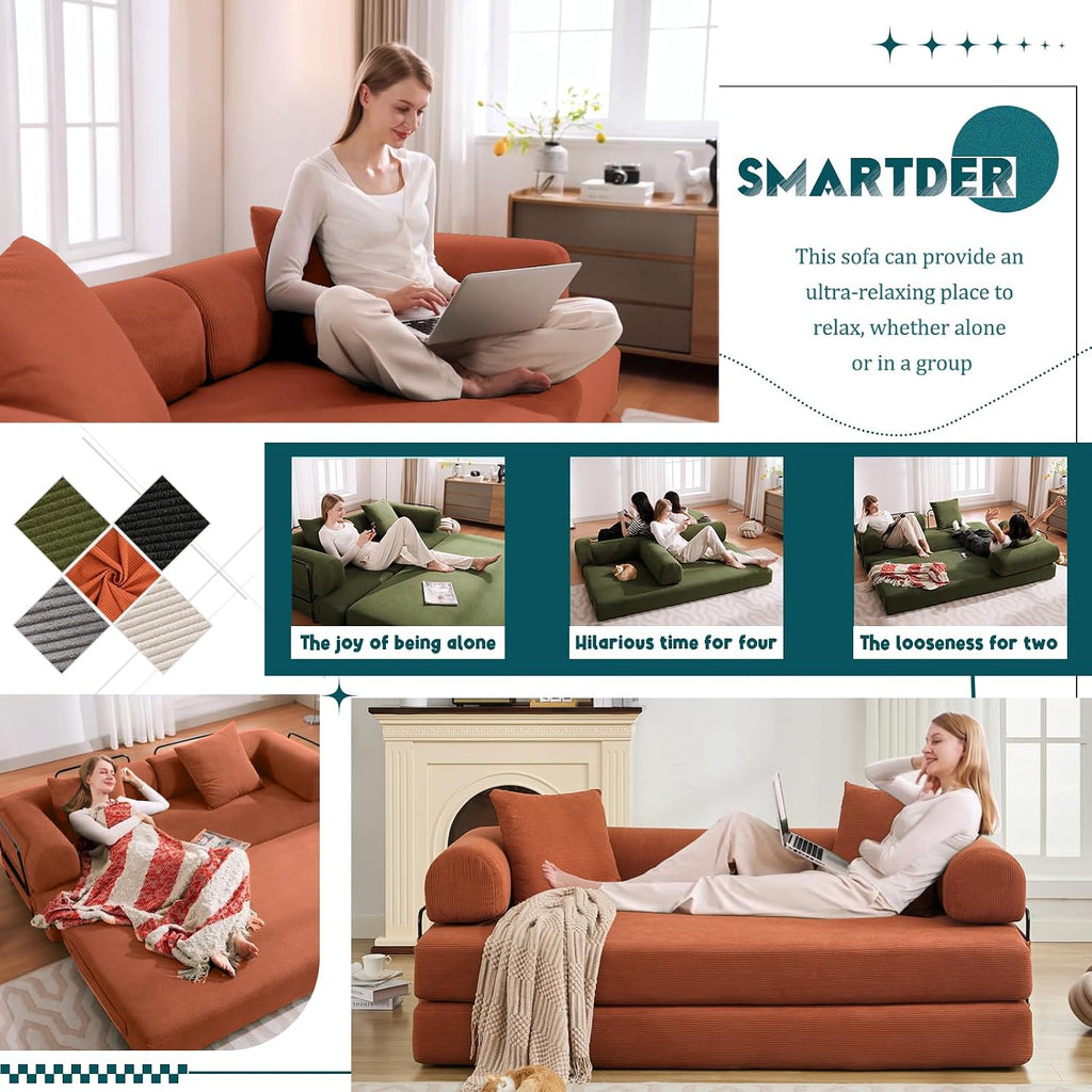 Convertible Folding Sofa Bed, Modular Floor Sofa with Removable Backrest, 3-Seater Fold Out Couch Bed with Pillows, King Size Futon Lazy Couch Corduroy Sleeper for Living Room, Dorm, Orange