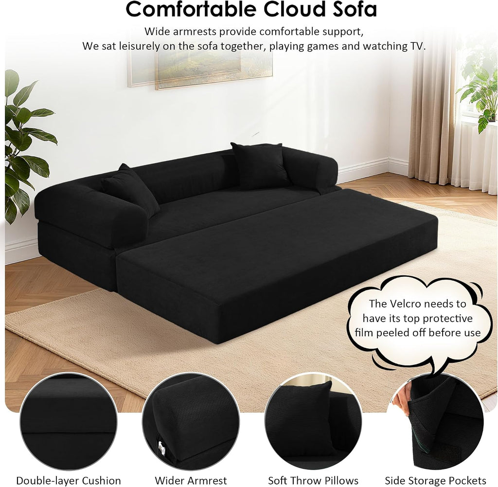 80' Convertible Sofa Bed, 3-in-1 Corduroy Folding Pull Out Couch with Pillows, No Assembly Modern Boneless Couch Compression Sofa in Box, Floor Sofa with Side Storage for Living Room,Black