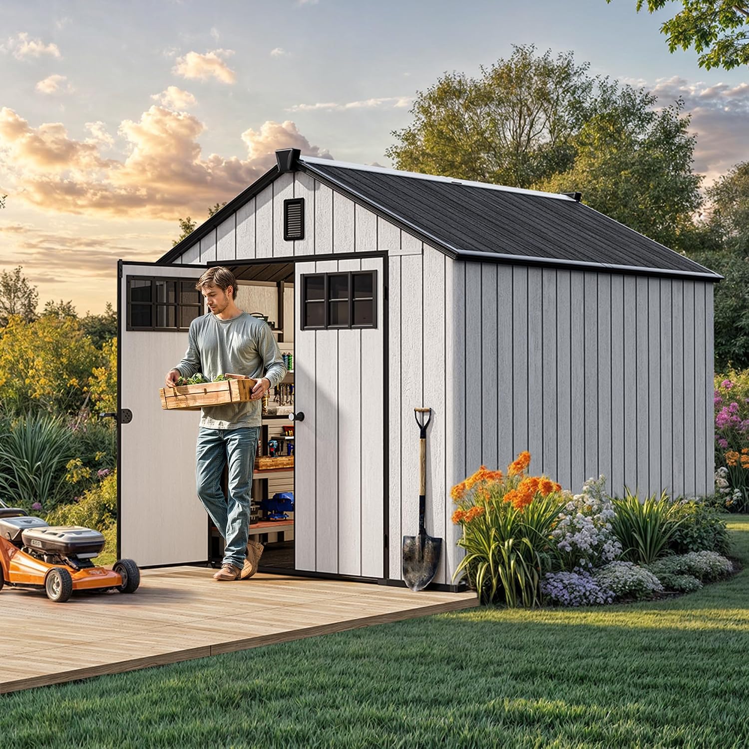 YITAHOME Large Outdoor Storage Shed 8x10 Ft, Extra Thick Plastic Storage Sheds with Floor, Lockable Doors, Vision Grid Windows, Vents, 16mm Heavy Duty Garden Storage for Bikes Mowers and Tools, Gray