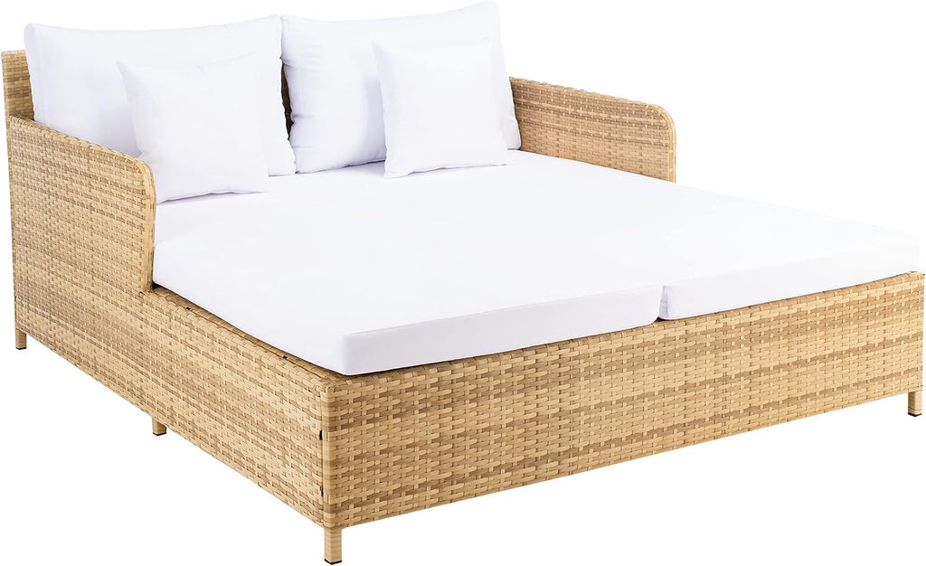 SAFAVIEH Outdoor - Cadeo Daybed - Natural & White - Steel Frame with Cushion - Deep-Seat Resort Design with Pillows - Ideal for Patio, Deck, Poolside, Backyard (PAT7500D)