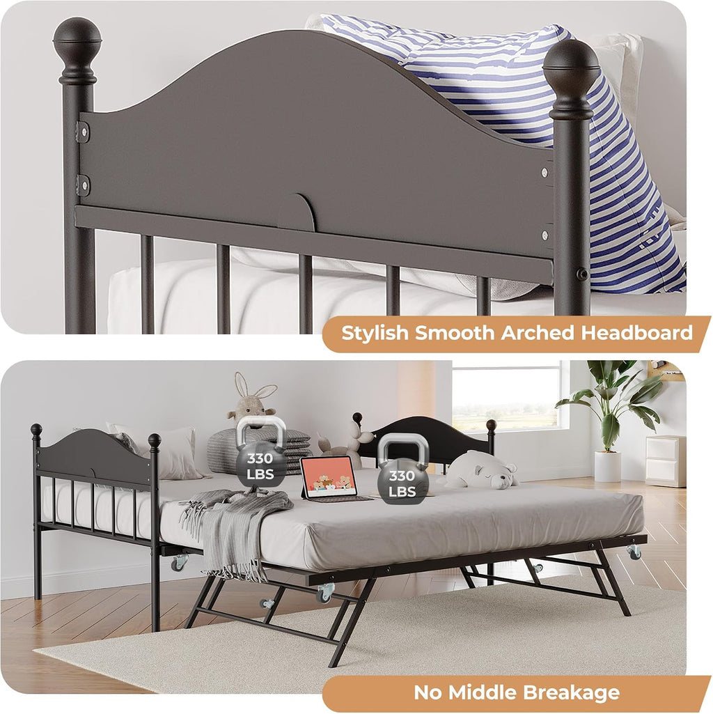 IDEALHOUSE Twin Metal Daybed with Pop-Up Trundle, Heavy Duty Steel Slats Platform Bed with Stylish Headboard, Convertible Sofa Bed Frame for Living Room, Bedroom, or Guest Room, Black