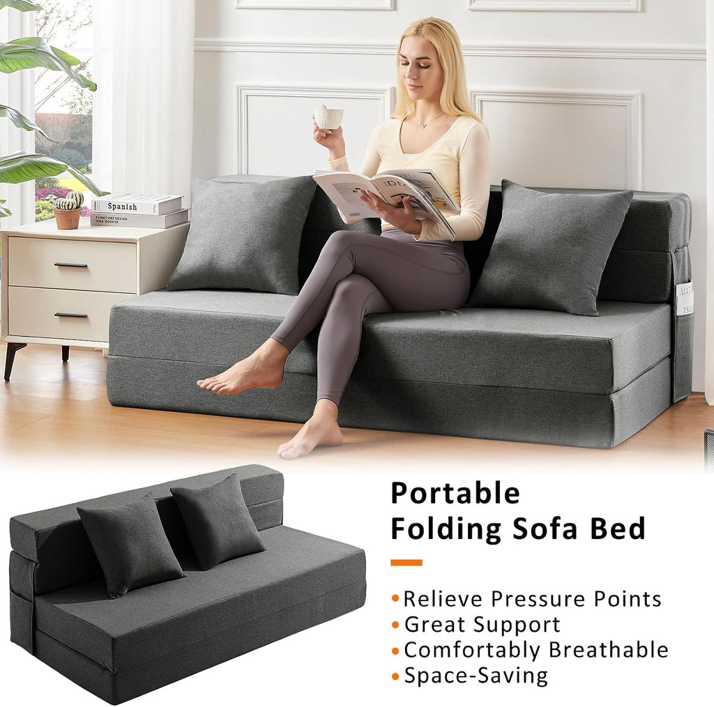 JKMAX Queen Size Folding Sofa Bed - 4 in 1 Sleeper Chair with Two Pillows - High Density Memory Foam Futon Couch - Convertible Folding Bed with Washable Modern Linen Cover for Apartment (Dark Grey)
