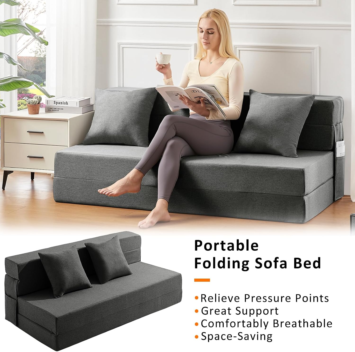 JKMAX Queen Size Folding Sofa Bed - 4 in 1 Sleeper Chair with Two Pillows - High Density Memory Foam Futon Couch - Convertible Folding Bed with Washable Modern Linen Cover for Apartment (Dark Grey)