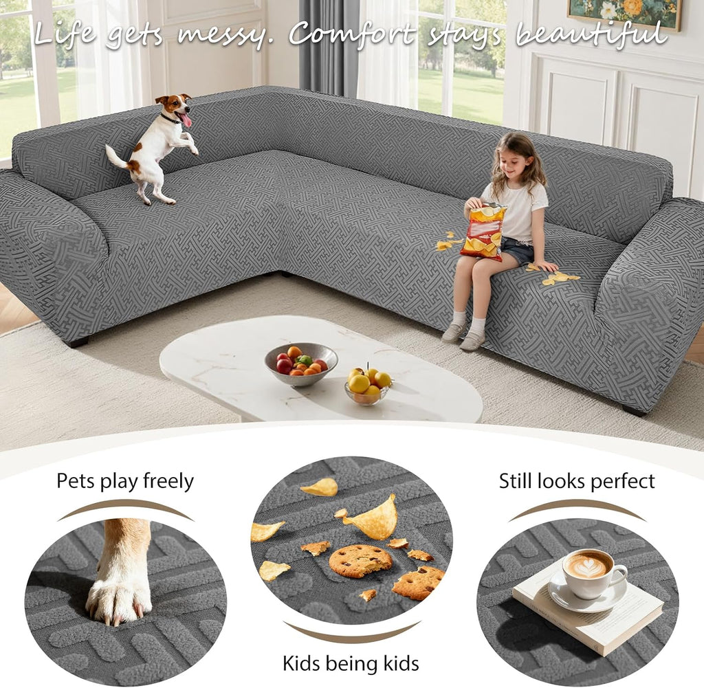 Sectional Couch Covers L Shape Sofa Cover 1-Piece Stretch Corner Couch Covers Non Slip Washable Sofa Slipcovers Soft Fleece Furniture Protector for Dogs Pet (Large, Gray)