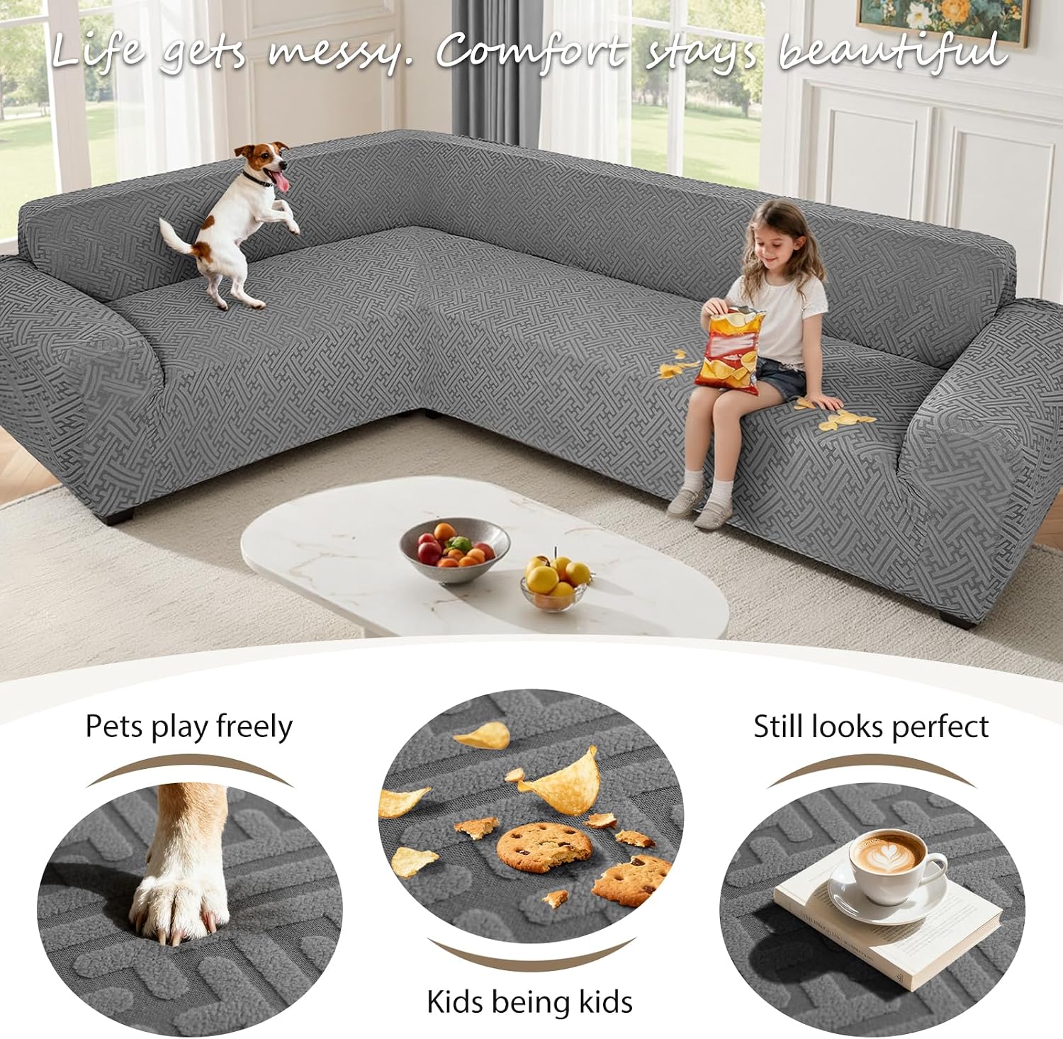 Sectional Couch Covers L Shape Sofa Cover 1-Piece Stretch Corner Couch Covers Non Slip Washable Sofa Slipcovers Soft Fleece Furniture Protector for Dogs Pet (Medium, Gray)
