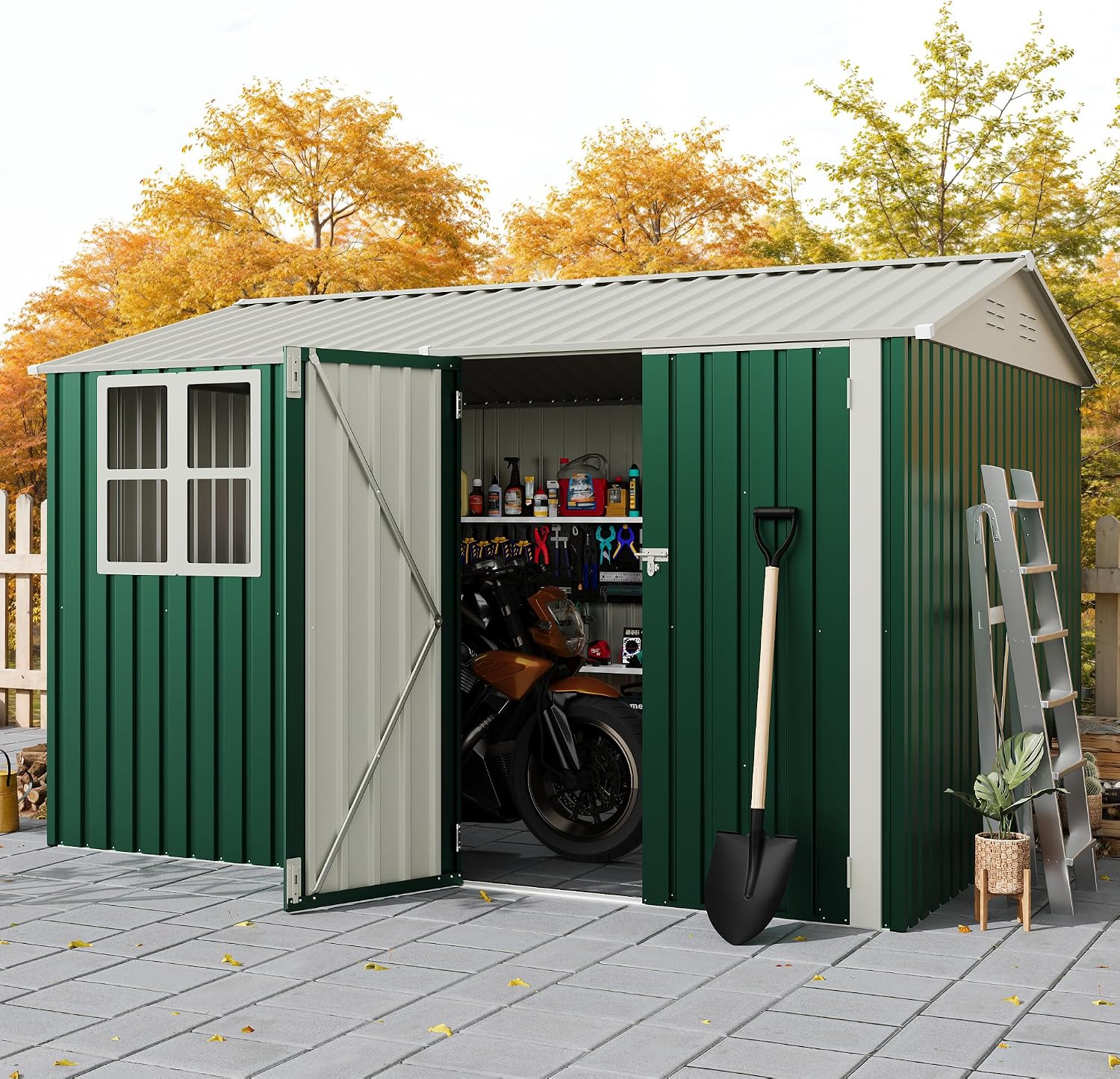 GarveeLife 8x10 FT Outdoor Storage Shed,450CU.T Metal Tool Shed with Clear Window, Lockable Doors,Large Garden Storage Box with Sloping Roof，Sheds&Outdoor Storage for Backyard Garden Patio Lawn, Green