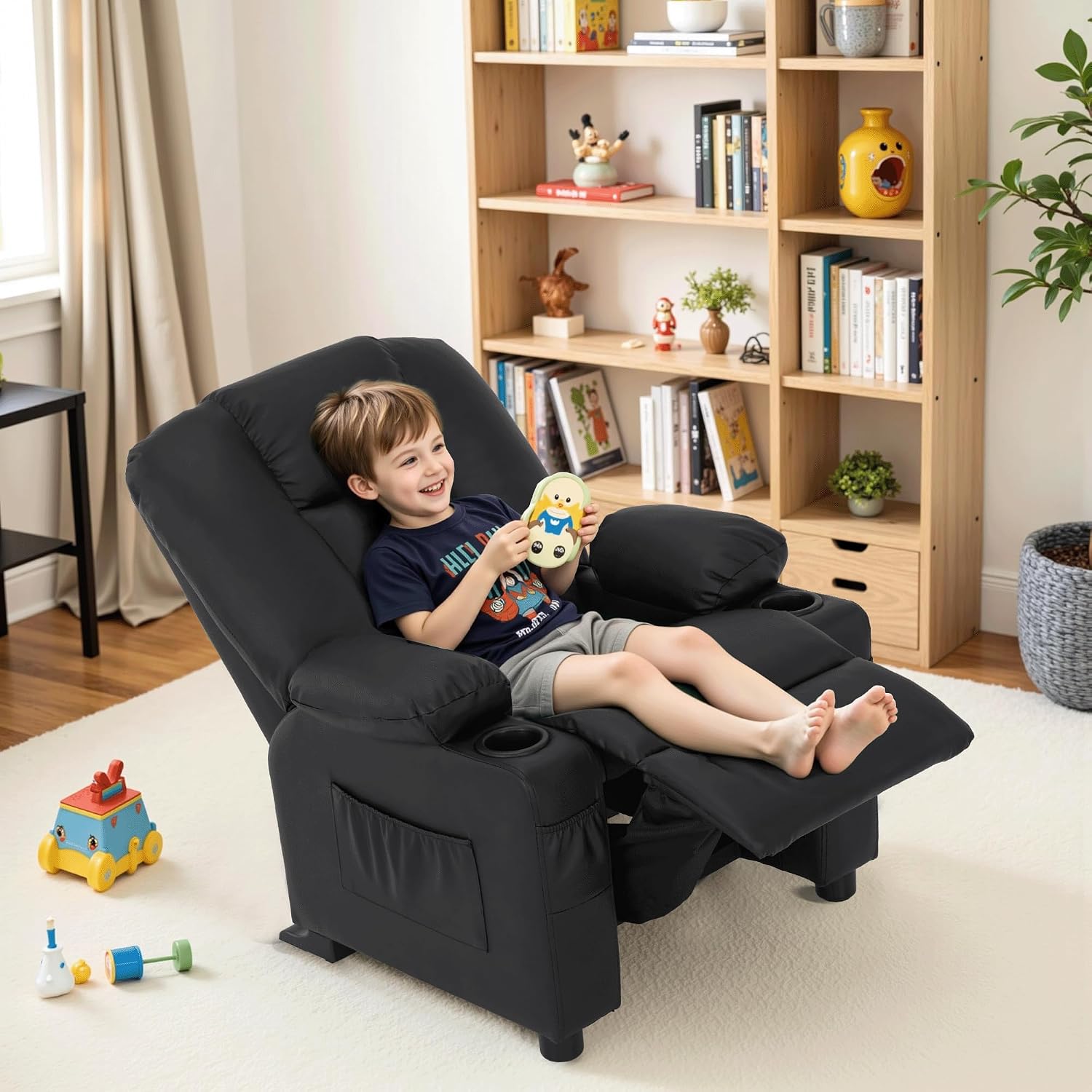 MCombo Big Kids Recliner for Ages 3+, Child Reclining Chair, Toddlers Recliner Sofa with Cup Holders, Faux Leather, 7322(Black)