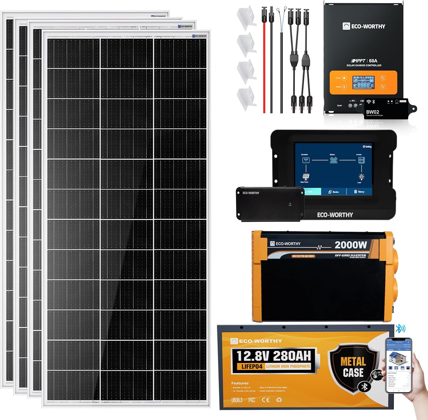 ECO-WORTHY 800W 12V 3.5KWH Off Grid Solar System with Power Monitoring Hub For Travel Trailer:4PCS 195W Solar Panel+12.8V 280Ah Lithium Battery+60A MPPT Charge Controller+2000W Pure Sine Wave Inverter