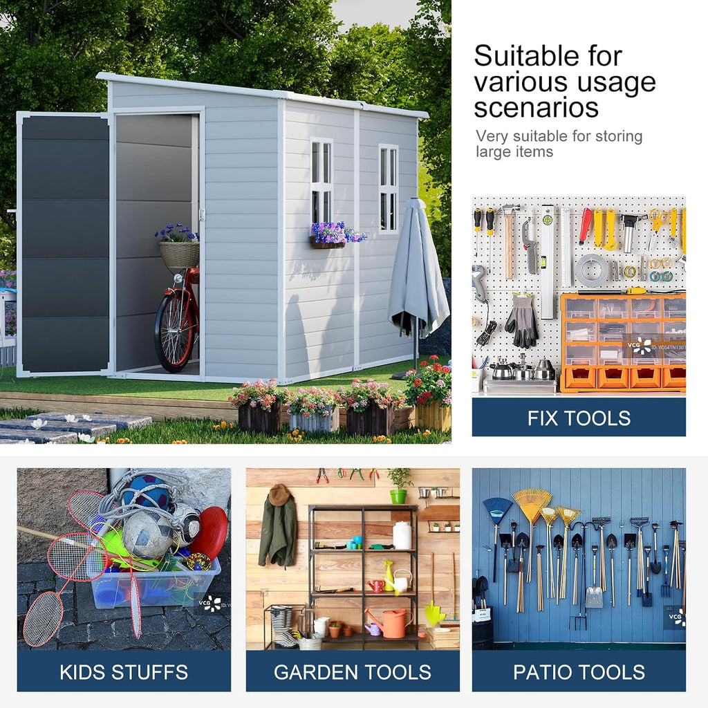 Restland 8x4 FT Resin Storage Shed with Floor Window for Outdoor Garden Waterproof Plastic Sheds Kit for Backyard Tool Storage, Gray