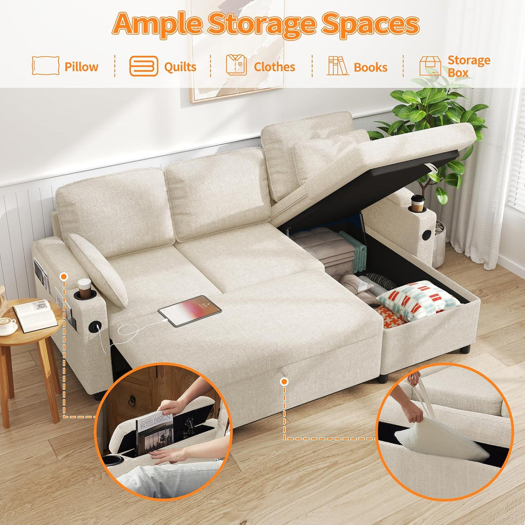 DURASPACE Sleeper Sofa Bed Pull Out Couch 2 in 1 Convertible Sofa Sleeper with Storage, L Shaped Sectional Couch Bed for Small Spaces Living Room Bedroom Apartment (Beige)