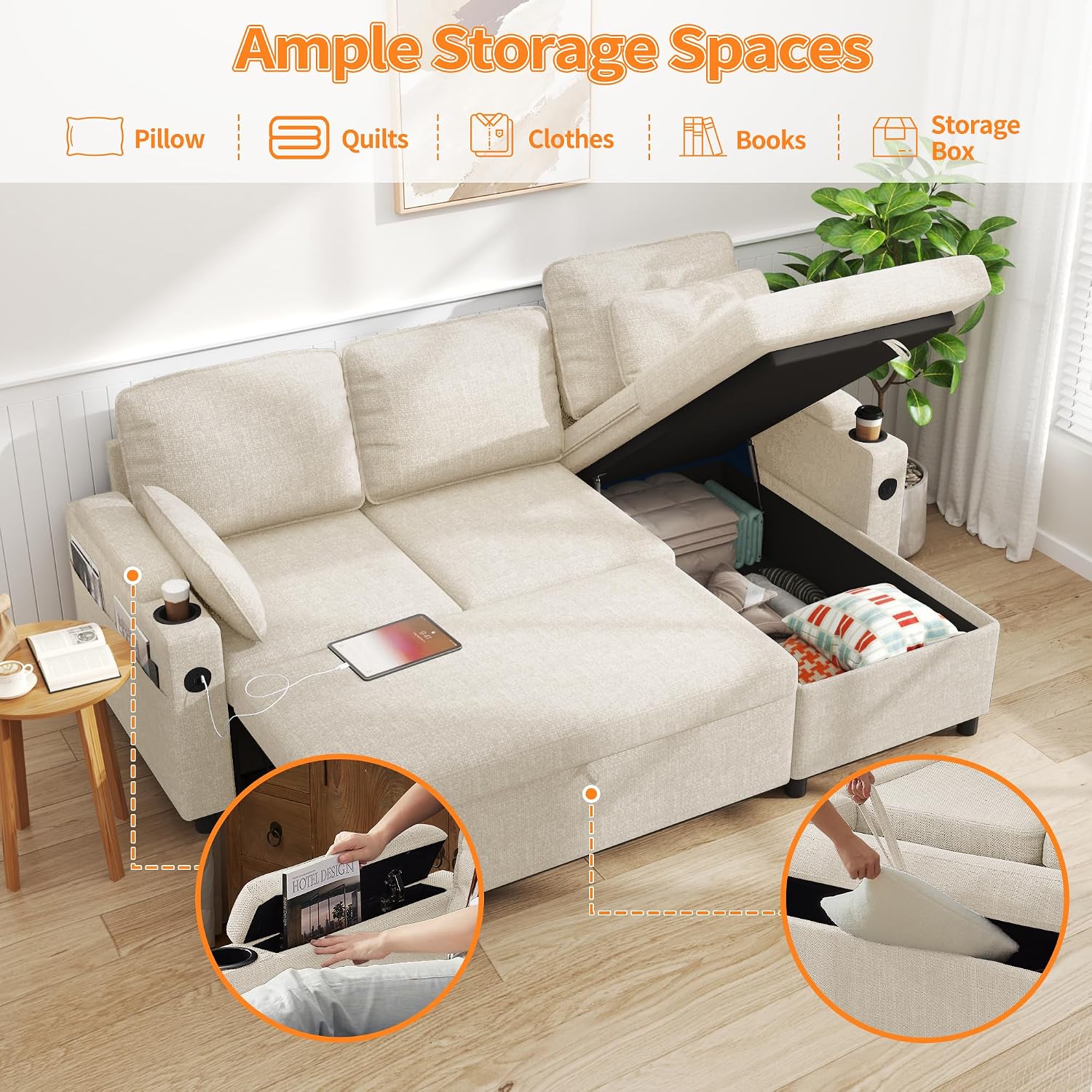 DURASPACE Sleeper Sofa Bed Pull Out Couch 2 in 1 Convertible Sofa Sleeper with Storage, L Shaped Sectional Couch Bed for Small Spaces Living Room Bedroom Apartment (Beige)