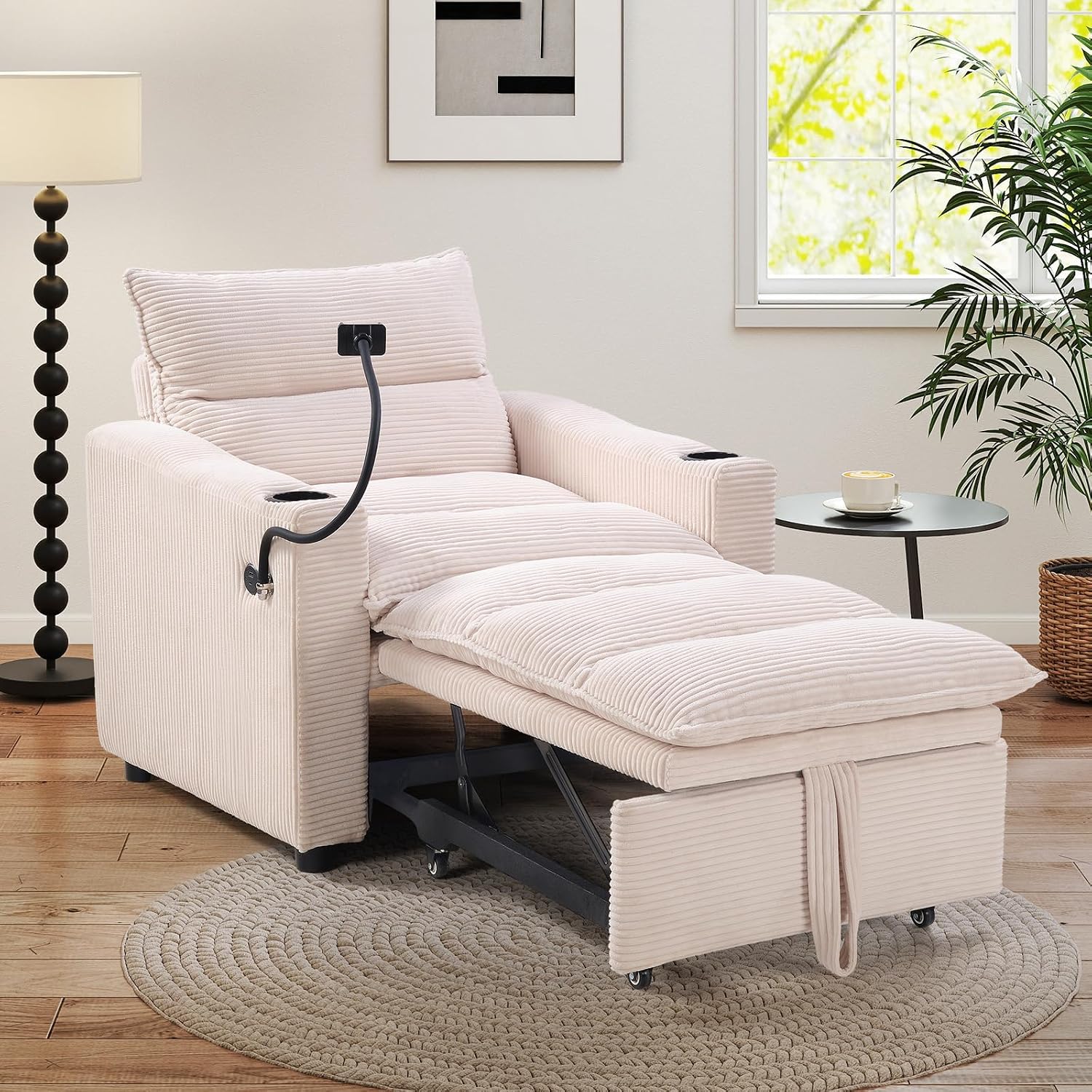 HAOMARKETS Corduroy Sleeper Sofa Bed with Cup Holders, 3-in-1 Convertible Pullout Futon Couch with Phone Holder&USB Charge Port, Single Armchair with 3-Level Adjustable Backrest for Apartment