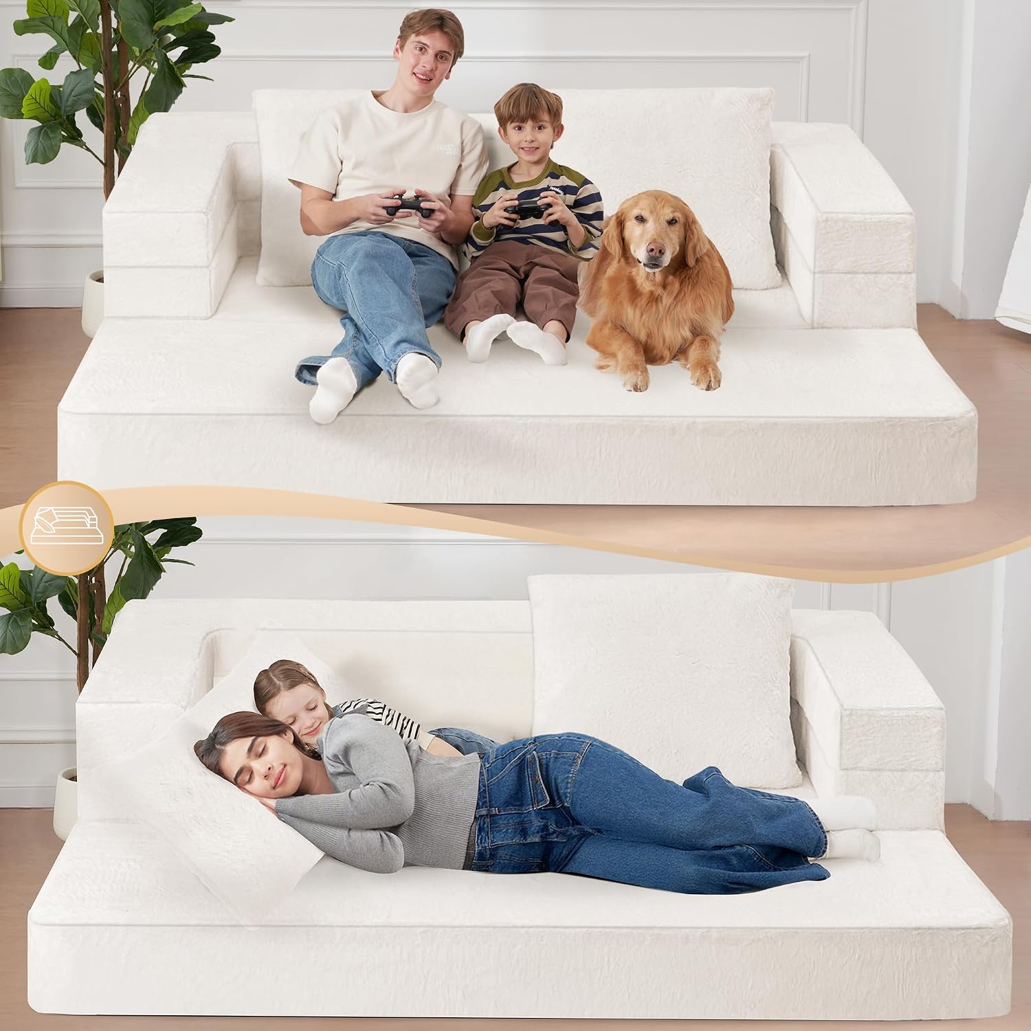 Futon Sofa Bed with Pillow, 3-in-1 Sleeper Sofa Bed with Removable Cover, Convertible Floor Sofa Bed, No Assembly Boneless Couch for Living Room, Bedroom