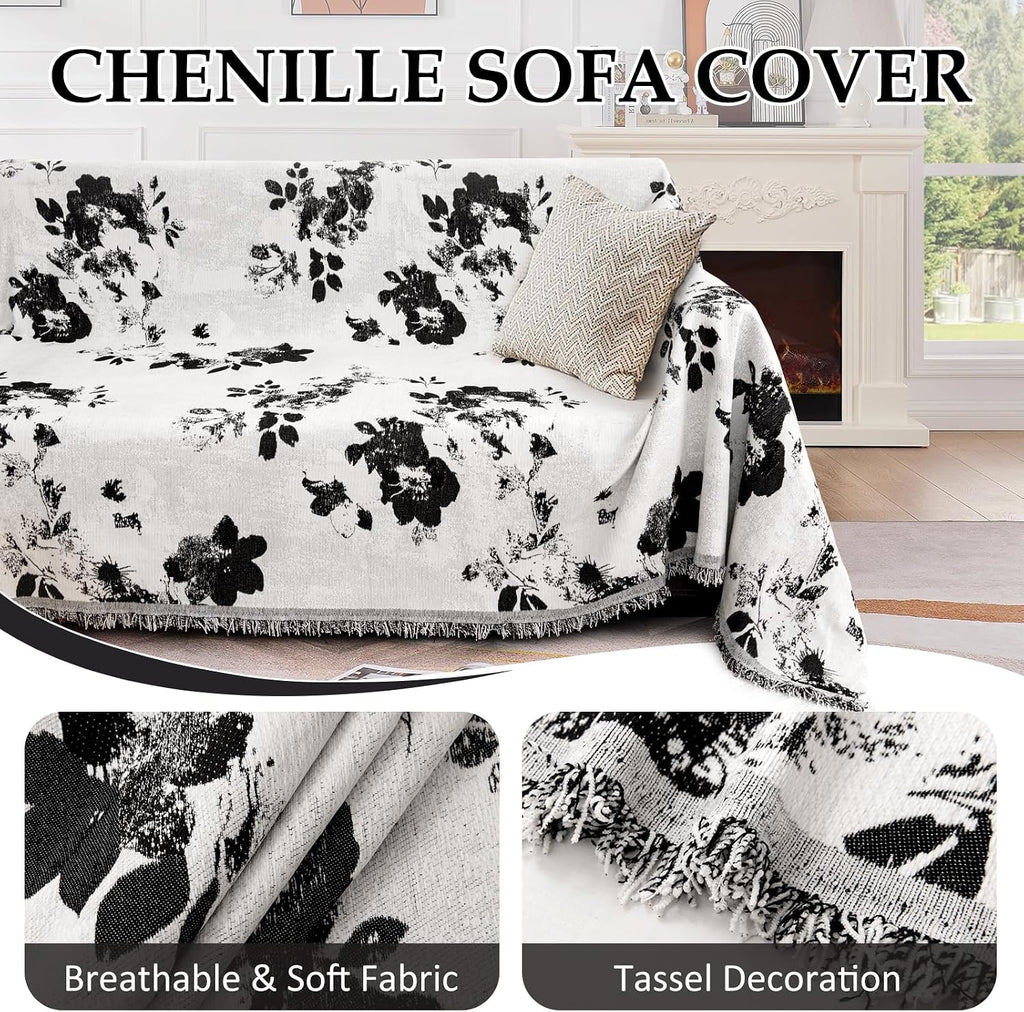 1OO% Waterproof Sectional Couch Covers for Dogs L Shaped Corner Sofa Cover Washable Chenille Sofa Slipcovers Blanket Modern Jacquard Pet Furniture Protector (91'x252', Black Flower)