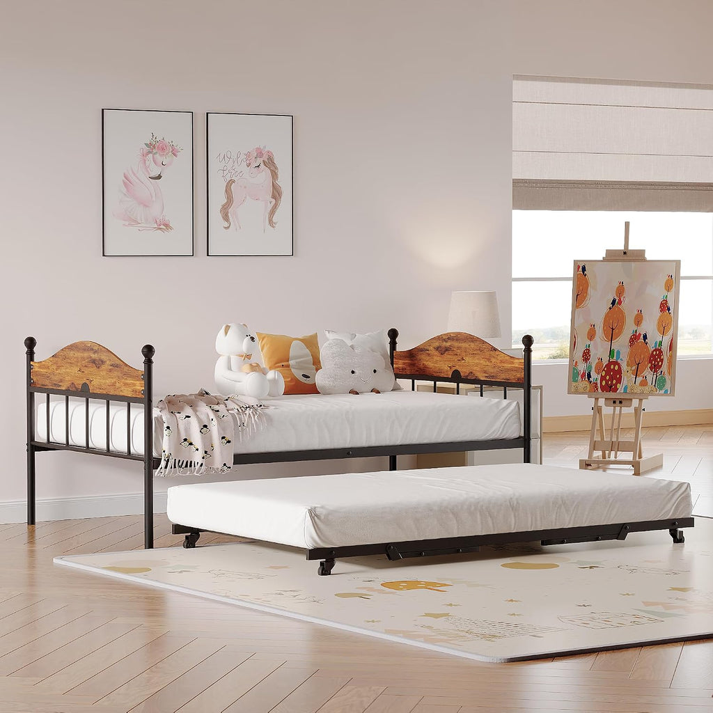 Daybed with Trundle, Metal Twin Size Day Bed with Stylish Headboard, Sofa BedFrame with Pop Up Foldable Trundle Bed, Heavy Duty Steel Slats Platform for Living Room, Bedroom and Guest Room, Brown