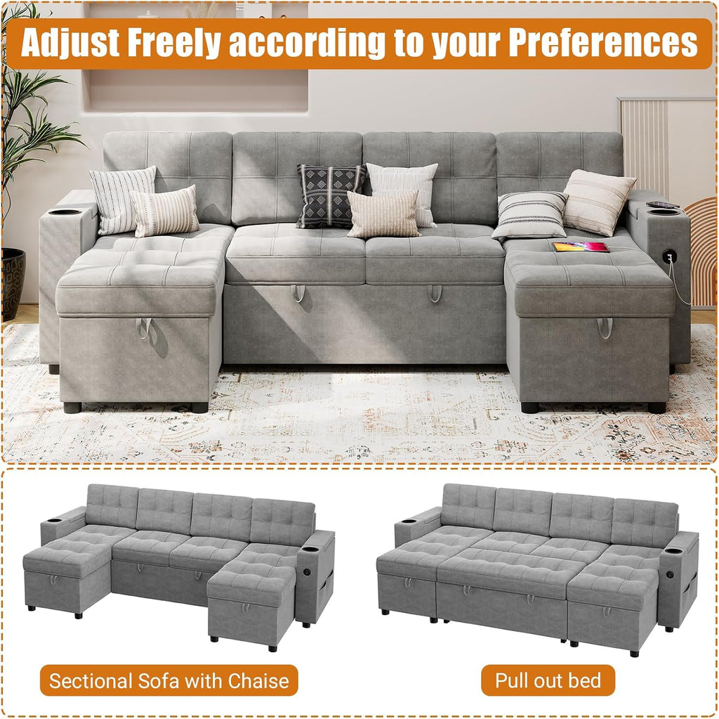 IDEALHOUSE U-Shaped Couches for Living Room, Sofa Bed for Living Room with Reversible Storage Chaises and Hidden Storage Armrests, Cup Holders and USB Charging Ports Included, Light Grey