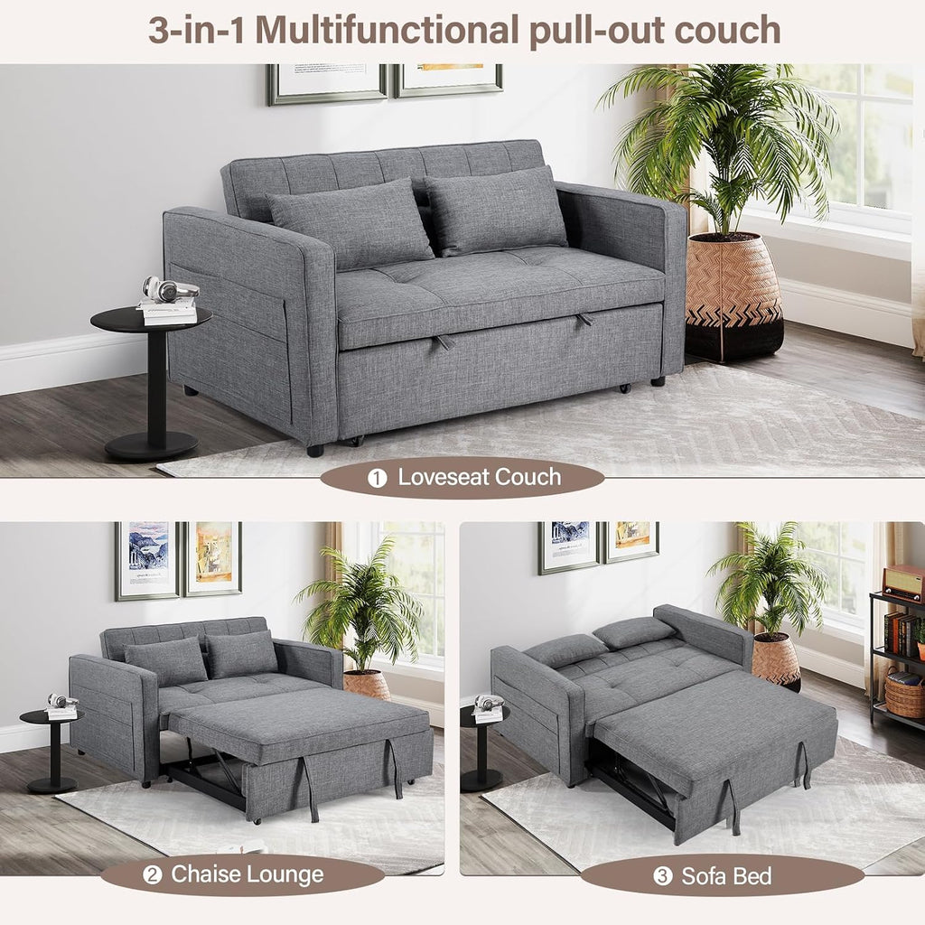 HAOMARKETS 3 in 1 Convertible Sleeper Sofa Bed, Loveseat Chaise Lounge with Pullout Bed, 2-Seater Futon Couches with Storage Pockets, 3-Level Adjustable Backrest and Pillows for Living Room, Grey