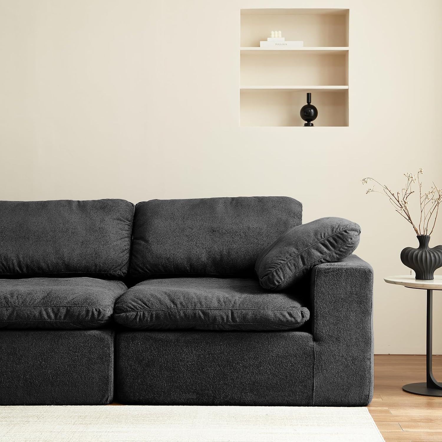 Swbvs Modular Sectional Sofa, 3-Piece Corduroy Couch with Chaise, Deep Seat Oversized Lounge Sofa for Living Room, Convertible Comfy Couch with Removable Cushions, Black