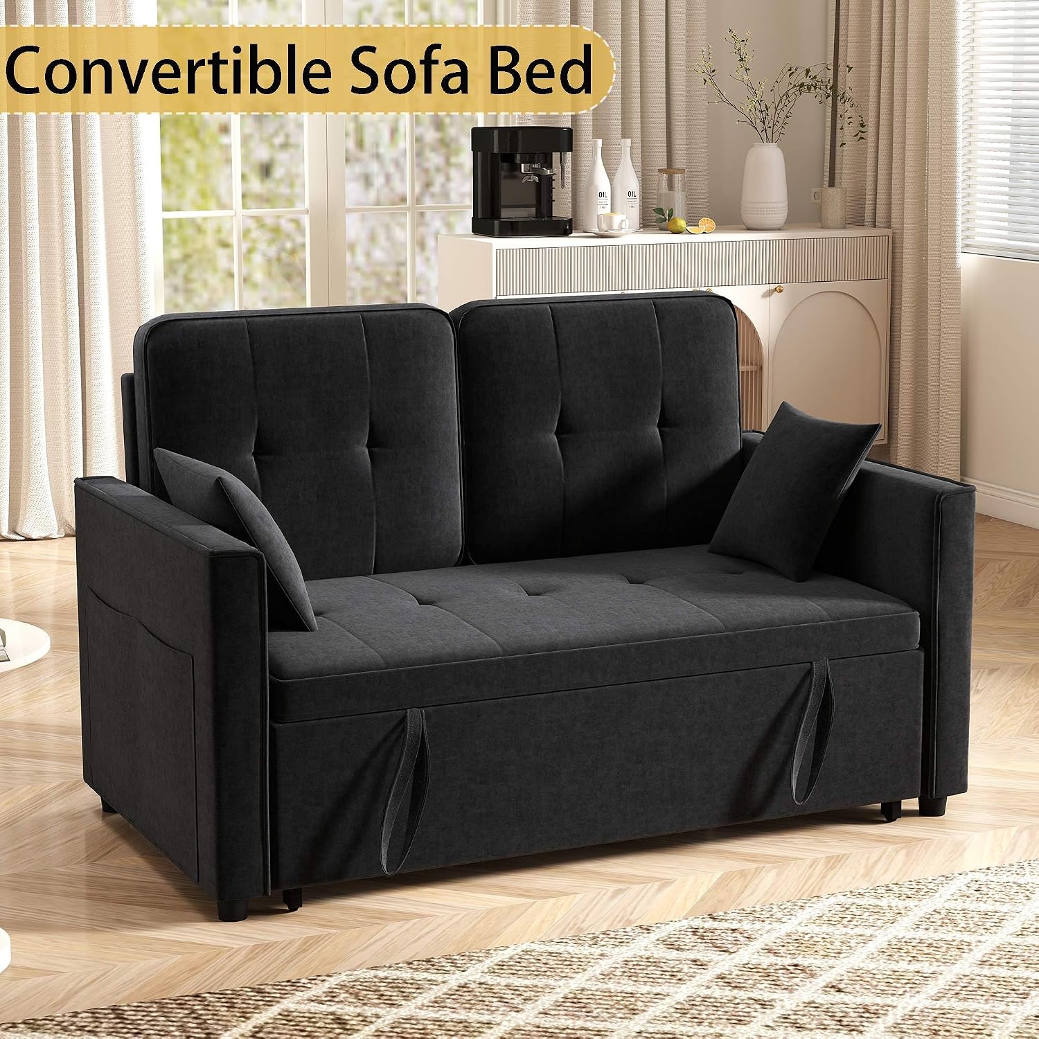Black Convertible Sofa Bed: 3 in 1 Sleeper Sofa Couch Bed, Pull Out Couch with Adjustable Backrest, Velvet Convertible Loveseat Sleeper, for Living Room