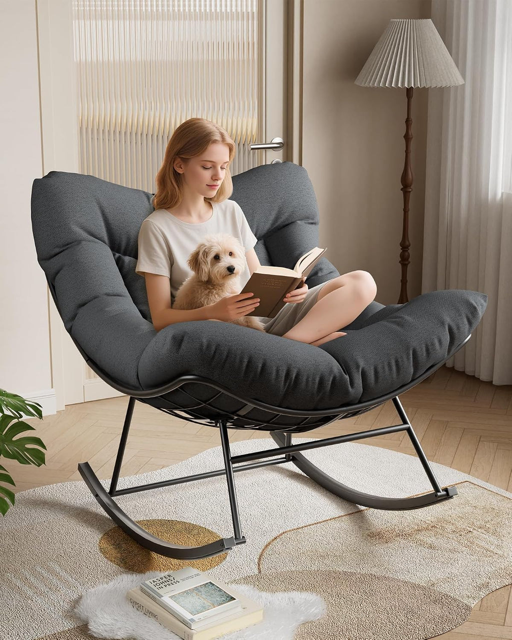 Patio Rocking Chair Indoor and Outdoor, Metal Lounge Rocker with Thick 6'' Cushion,350 Lbs Capacity,Grey Cushion