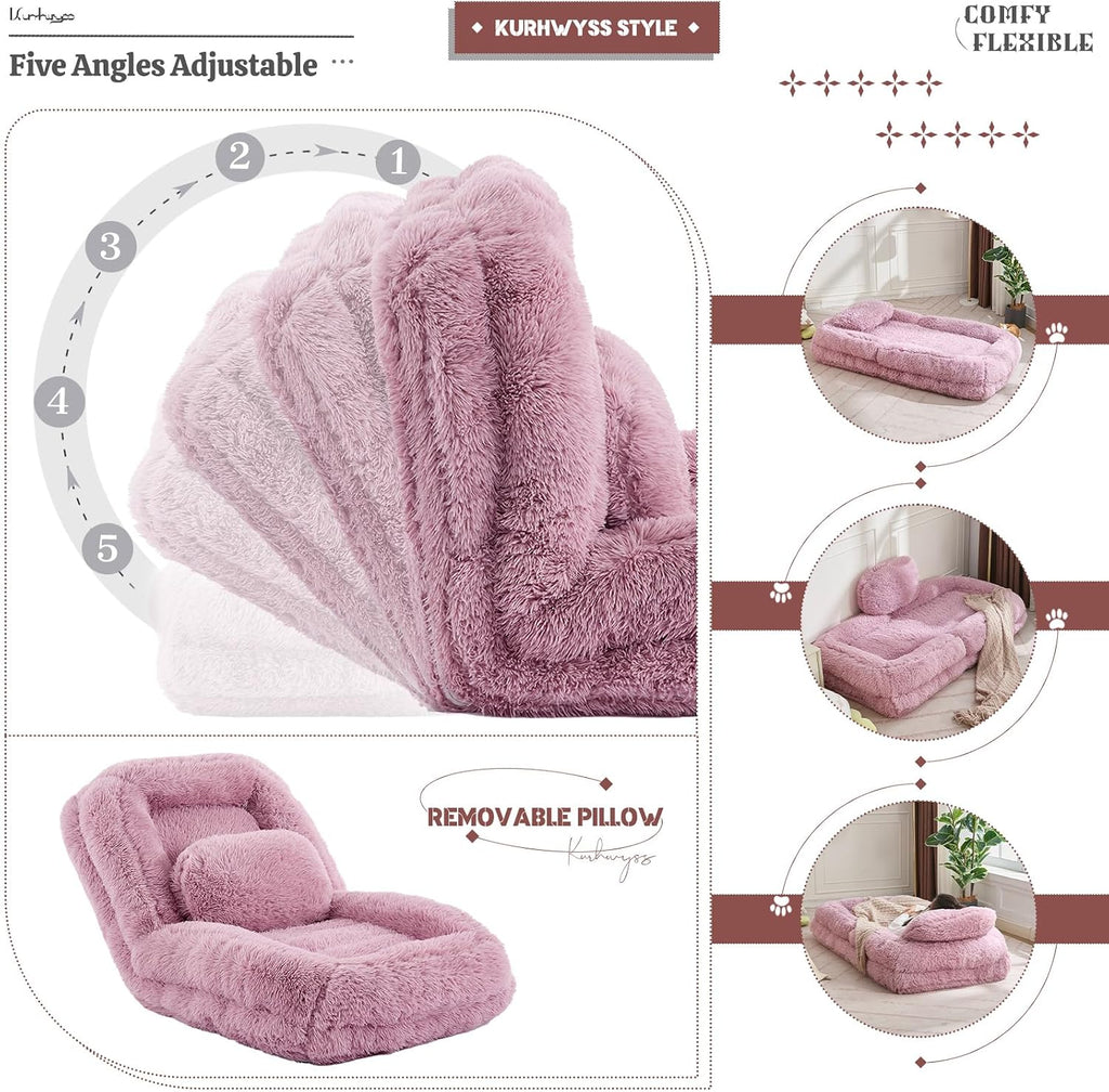 Upholstered Human Dog Bed for Adult & Pets, Convertible Lazy Sofa Bed with 5 Adjustable Position, Comfy Tatami Bean Bag Lounge Chair with a Soft Pillow for Bedroom Living Room (Pink Fluffy)