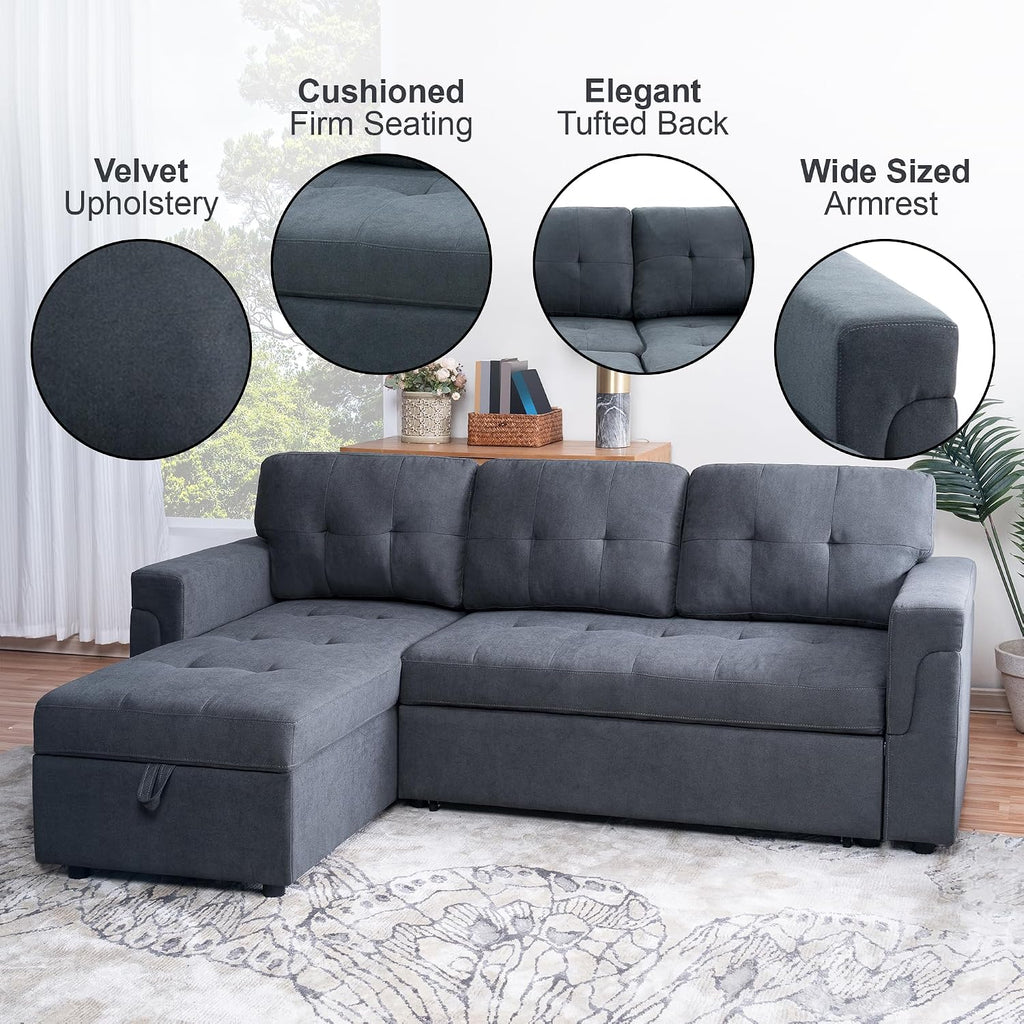 Naomi Home L Shaped Sectional Couch with Storage & Pull Out Bed – 3-in-1 Convertible Sleeper Sofa Bed, Small L Shape Sofa for Living Room, Sofa Bed with Storage Chaise in Dark Gray, Velvet