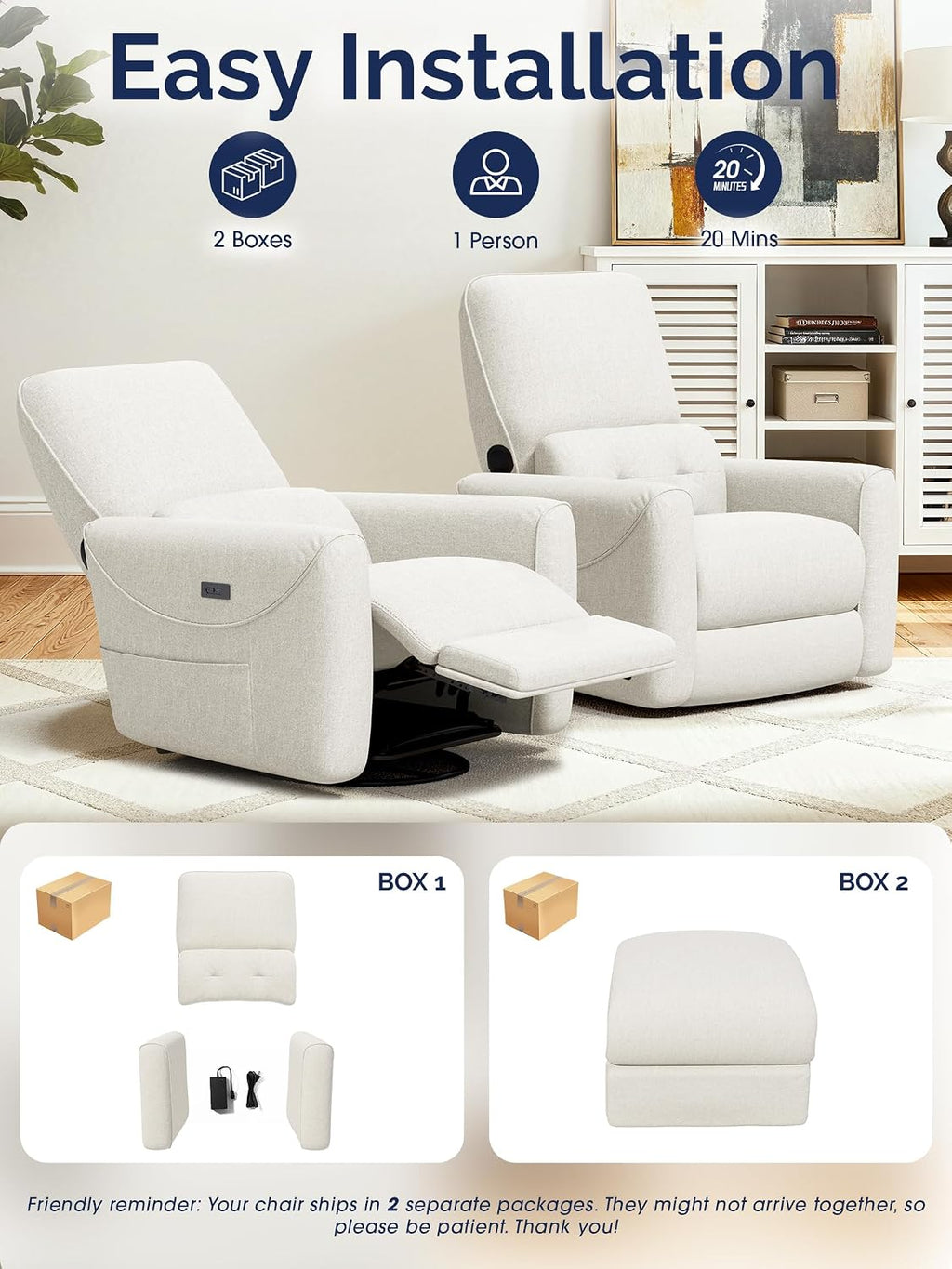 KINGYES Power Recliner Chair, 270° Swivel Glider, Living Room Recliner with USB-C Port, Nursery Rocking Chair, Beige