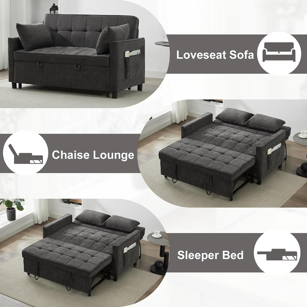 Tbfit 57' Convertible Sofa Bed, Chenille Futon Sleeper Sofa Couch with Pullout Bed, USB & Adjustable Backrest, Full Size Pull Out Loveseat Couches for Living Room, Apartment, Office, Dorm, Dark Grey
