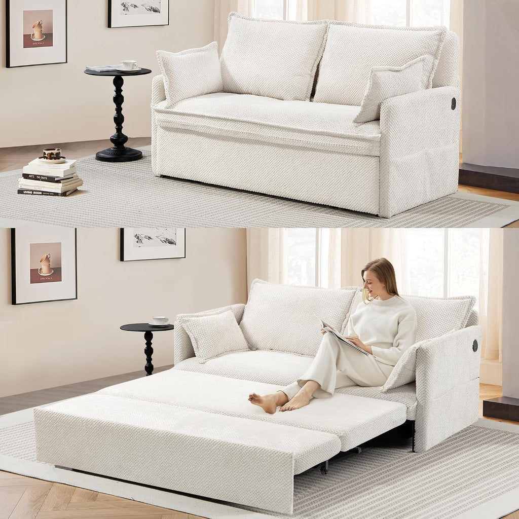 SUNWAVE 60' Pull Out Sofa Bed - Convertible Sleeper Sofa Bed, Corduroy Pull Out Couch Bed with USB Charging, Side Pockets for Living Room, Bedroom, Small Spaces (Cream, 60')