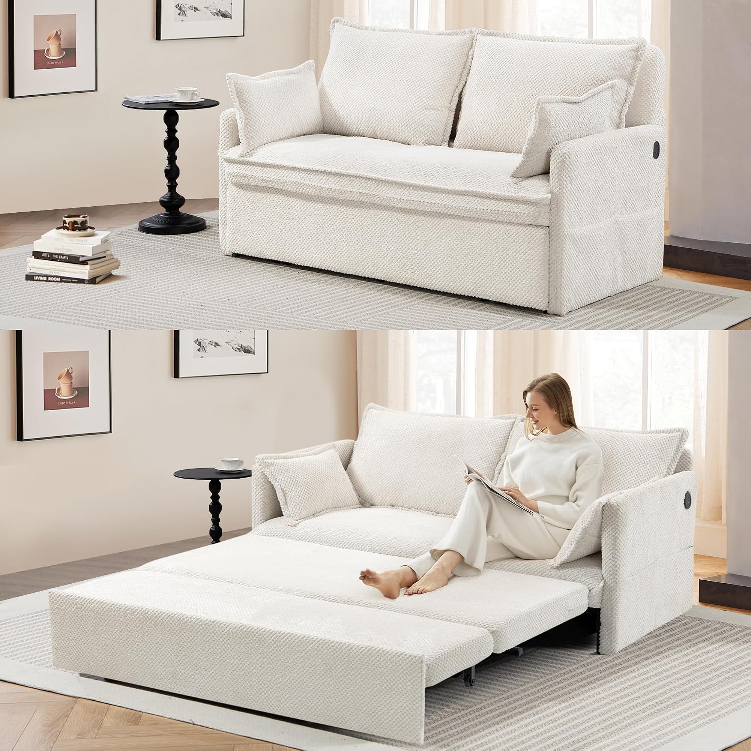 SUNWAVE 60' Pull Out Sofa Bed - Convertible Sleeper Sofa Bed, Corduroy Pull Out Couch Bed with USB Charging, Side Pockets for Living Room, Bedroom, Small Spaces (Cream, 60')
