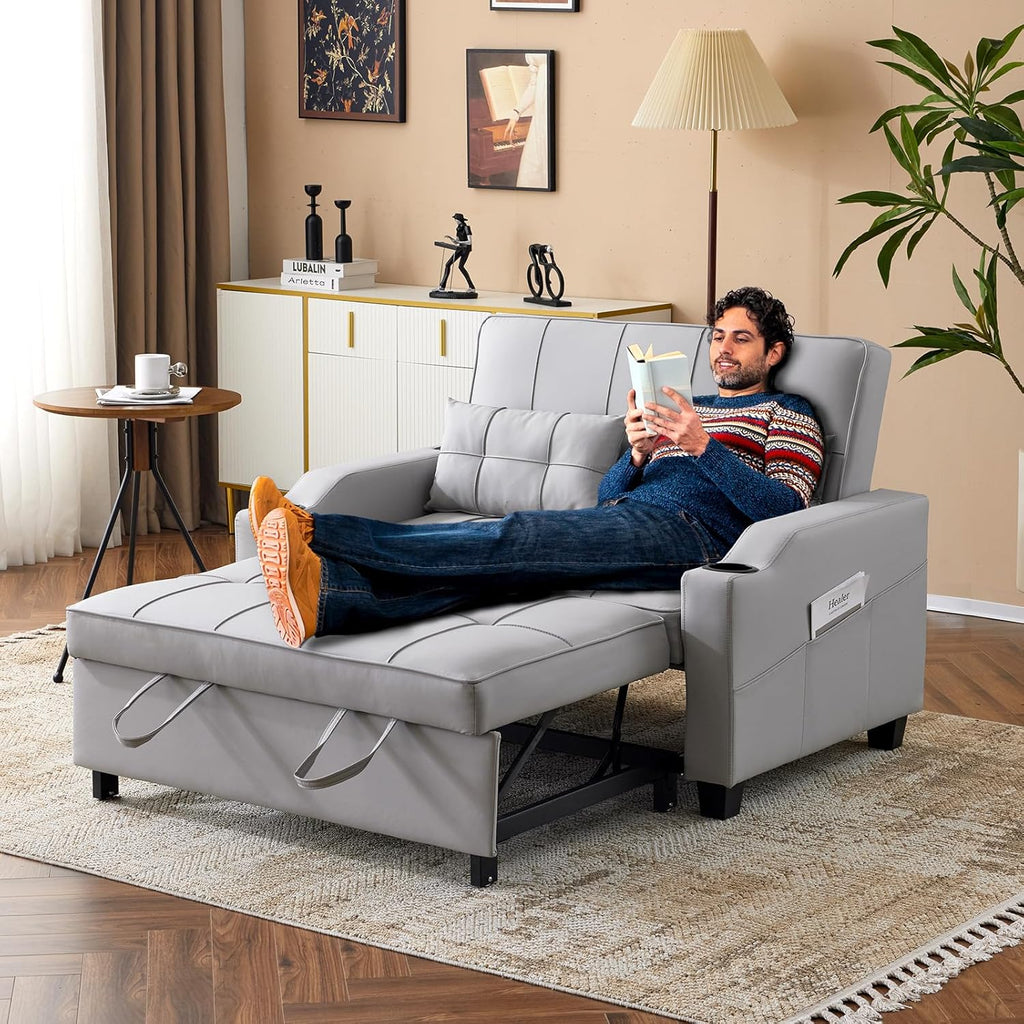 VINGLI Convertible Loveseat Sleeper Sofa, Light Grey Faux Leather Futon Sofa Bed Pullout Couch Bed with USB Ports, Cup Holders, Armrest for Living Room, Bedroom, Home Office Apartment