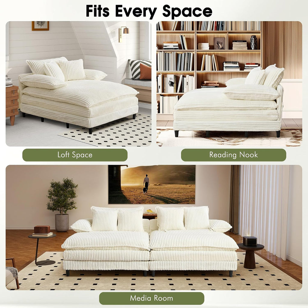 WESTSETLUX 54.8' W Oversized Chaise Lounge Chair Indoor with 5-Position Adjustable Backrest, Corduroy Sleeper Sofa Bed with 3 Pillows, Modern Cloud Couch Chair for Living Room, Bedroom, Beige