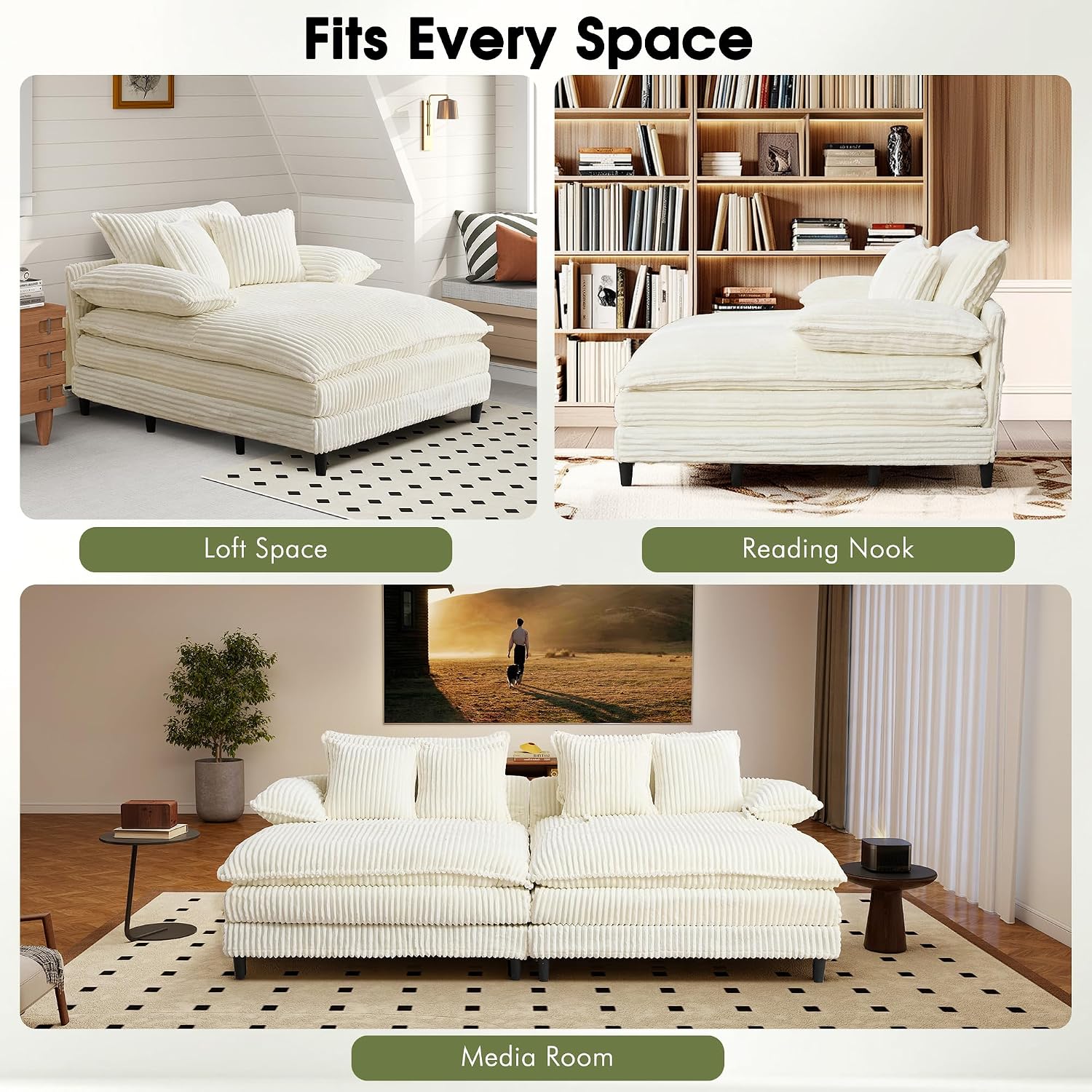 WESTSETLUX 54.8' W Oversized Chaise Lounge Chair Indoor with 5-Position Adjustable Backrest, Corduroy Sleeper Sofa Bed with 3 Pillows, Modern Cloud Couch Chair for Living Room, Bedroom, Beige